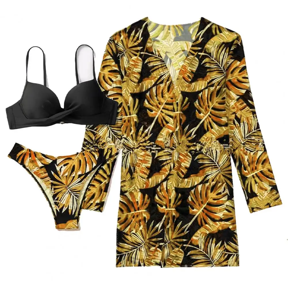 Swimsuit Set Floral Print Bikini Set with High Waist Briefs Cover-up Women's Summer Beachwear Bathing Suit Push Up for Women