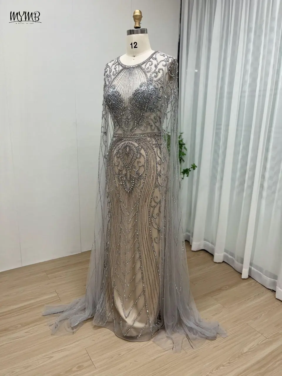 MYMB Silberne Haute Couture-Abendkleider mit U-Ausschnitt und Cape-Ärmeln für Frauen, Hochzeit, Party, 2024, luxuriöse Perlen-Meerjungfrau-Abschlussballkleider – Detail 6