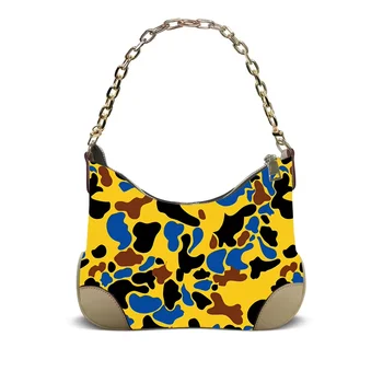 Ladies Custom Pastel Yellow Multi Shoulder Bag PU Leather Fashion Curved Cloud Camo Printed Hobo Bag Chain for Lady Shoulder Bag