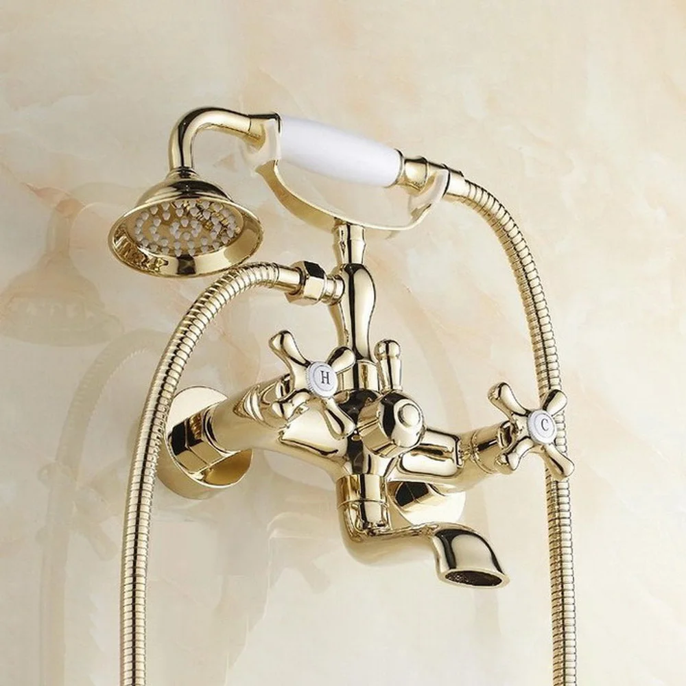 Polished Gold Bathroom Tub Faucet Telephone Style Bathroom Bathtub Wall Mounted With Handshower Swive Tub Spout Ntf130 4