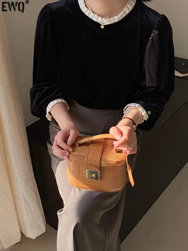 

[EWQ] Korean Chic Edible Tree Fungus Edge Corduroy O Neck T-shirt Vintage Lantern Sleeve Top Women 2024 Spring Autumn 16U7868