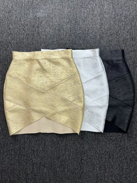 40CM Mini Short Elastic Bronzing Bandage Skirt Women Sexy Bodycon Asymmetric Pencil Skirts High Street Going Out Club Party 1