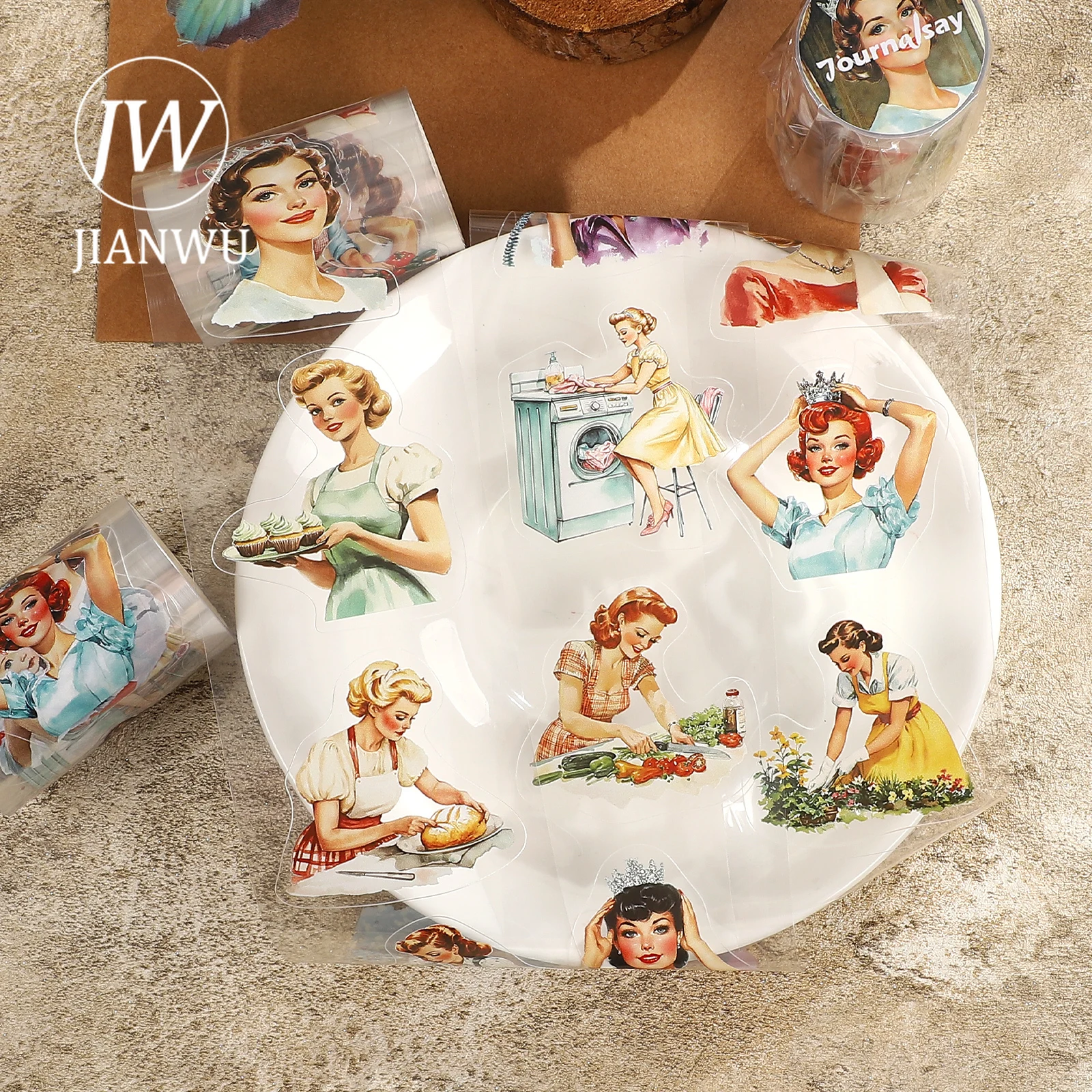 JIANWU 60mm * 200cm 빈티지 주부 캐릭터 풍경 소재 콜라주 스크랩북 PET 테이프 크리 에이 티브 DIY 저널 문구
