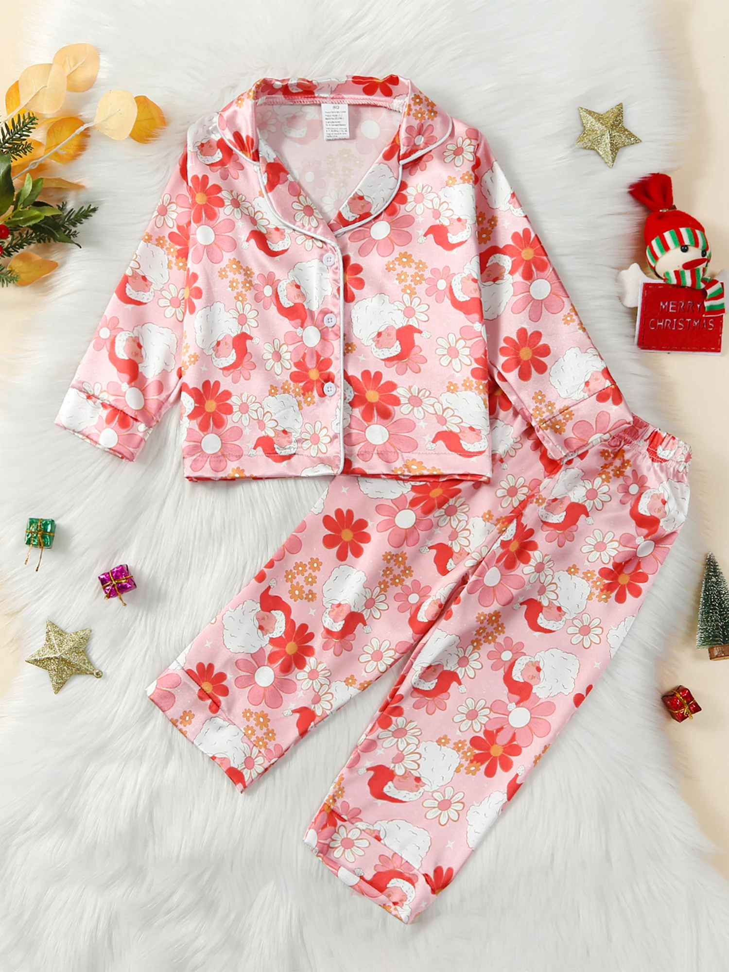 Cute Toddler Girl Christmas Pajamas Set with Cartoon Santa and Flower Print Long-Sleeved Lapel Tops and Elastic Waist Trousers 2