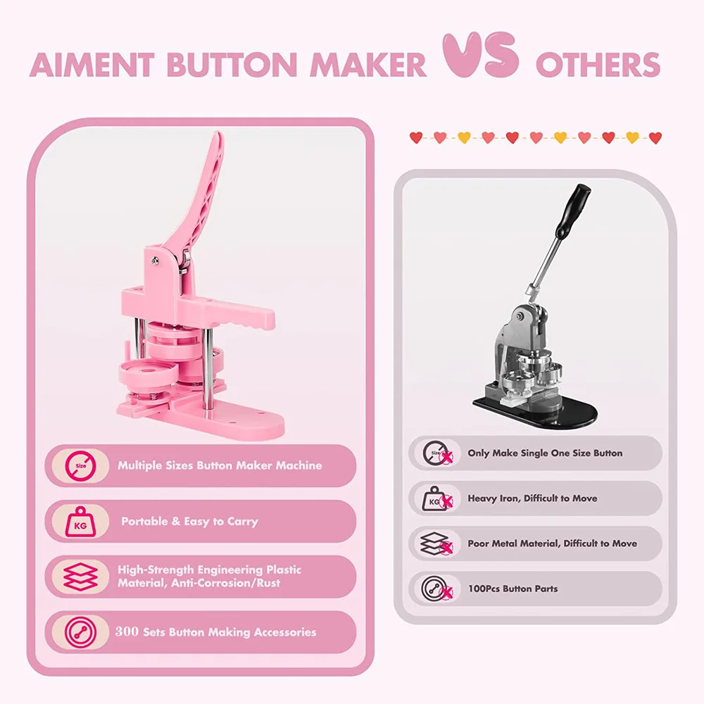 Pink Button Maker Machine Multiple-Size Badges Set 25/32/58MM 300 Pcs Button Parts + Circle Cutter + Mold Badge Press Maker Machine badge maker,button maker machine