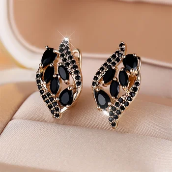 Antique Black Zircon Marquise Stone Hoop Earrings For Women Vintage Gold Color Ear Buckle Wedding Jewelry Engagement Party Gifts
