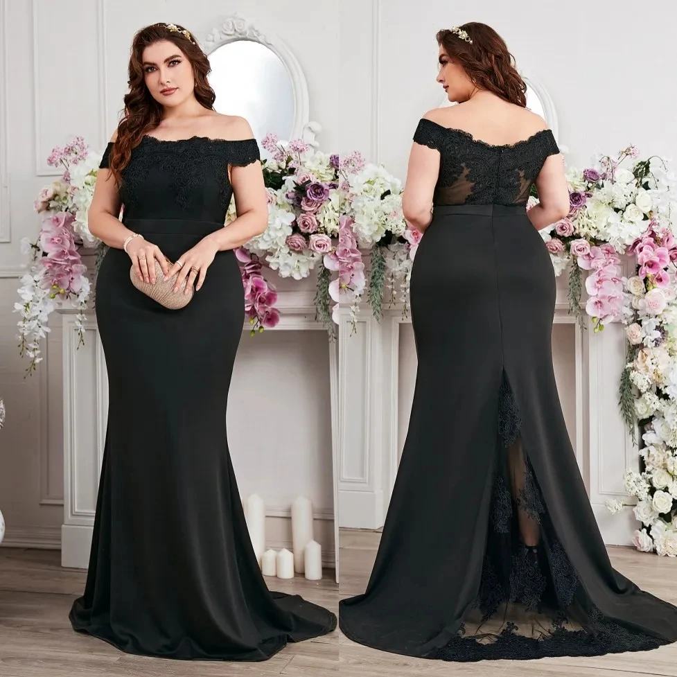 

Black Lace Mermaid Plus Size Prom Dresses For Special Occasion Off The Shoulder Neck Evening Gowns Sweep Train YD