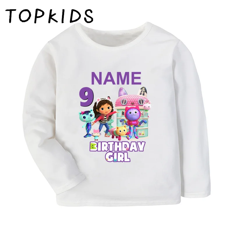 1 2 3 4 5 6 7 8 9 Years Birthday Girls T shirt Cute Gabbys Doll House Customize Name Kids T-shirts Baby Long Sleeve Clothes Gift 5