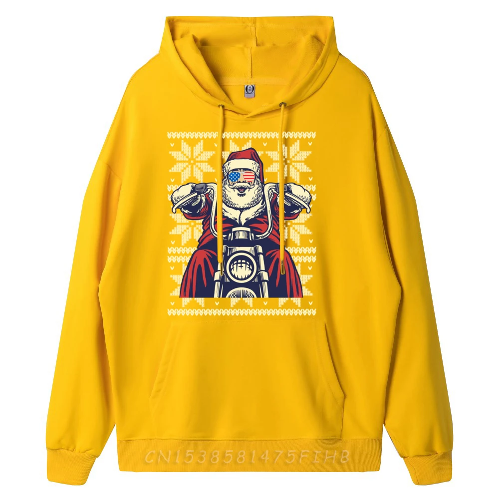 Street SANTA ON MOTORCYCLE Funny Ugly Print long Sleeve Autumn Hoodies Latest Round Neck Hoodies Mens Hoodies  SANTA ON MOTORCYCLE Funny Ugly Christmas Men Women huangse