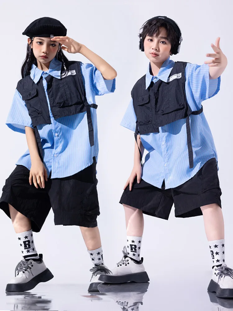 Boys Hip Hop Clothing Two-piece Top Black Short for Girls Kids Jazz Dance Costume Clothes Set