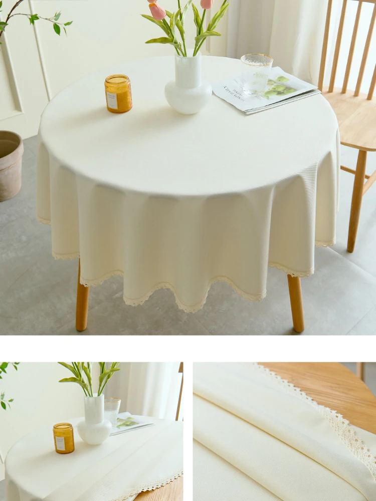 1pc Waterproof and Oil-Proof Round Table Cloth with Lace Edge,Nordic Style Solid