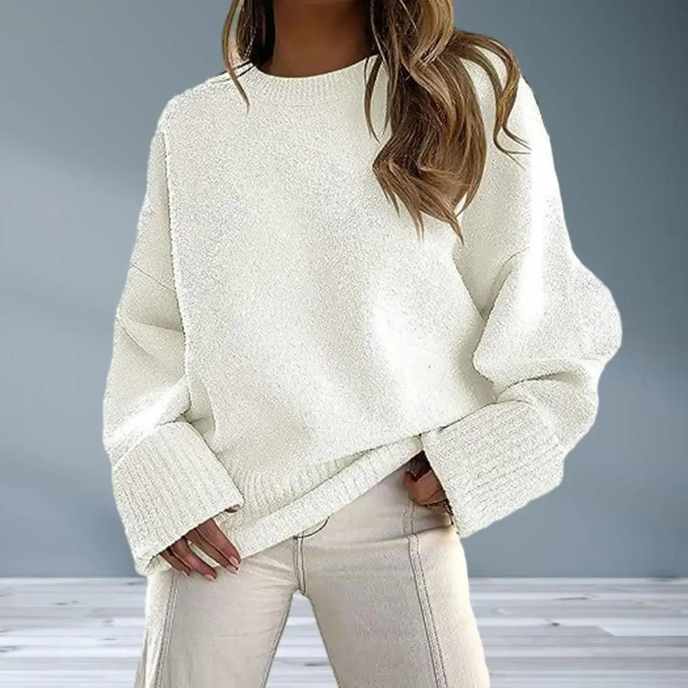 

Women Round Neck Sweater Cozy Streetwear Loose Fit Knitting Sweater with Ribbed Trim for Women for Autumn Winter Long Sleeve