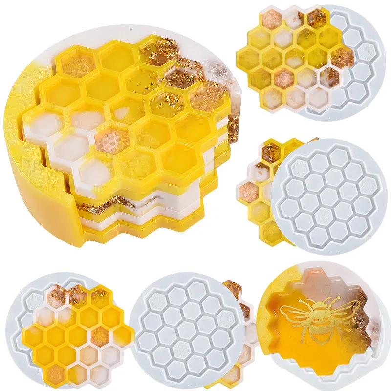 

DIY Bee Coaster Crystal Epoxy Resin Mold Honeycomb Coaster Table Silicone Mold