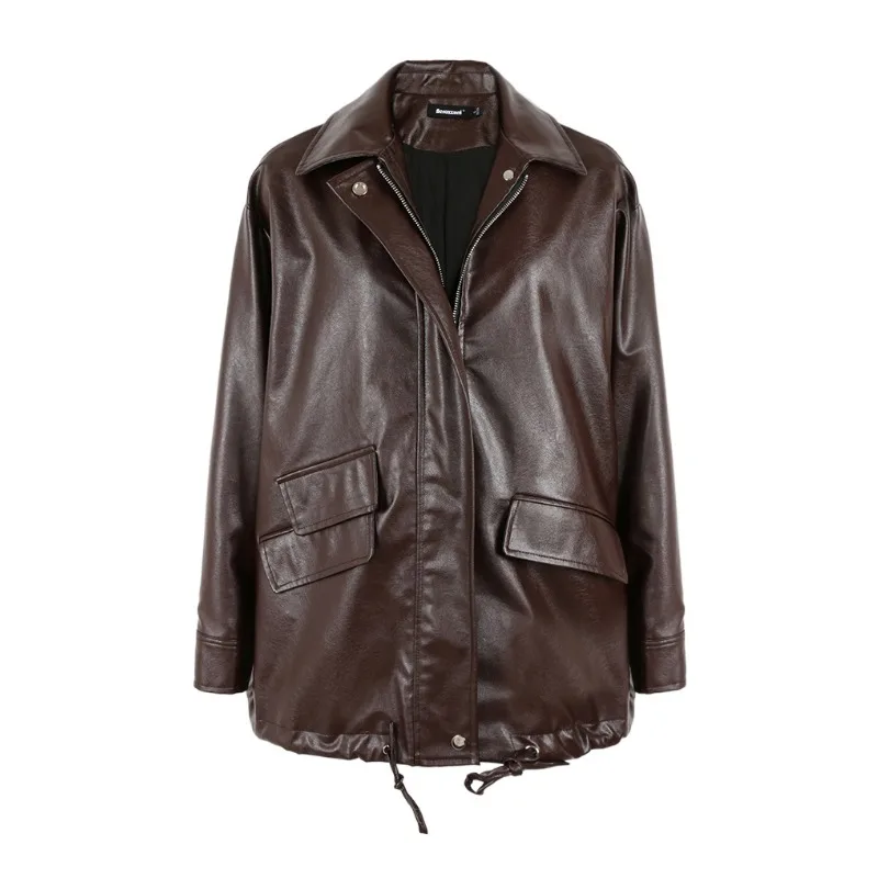 Oversized Casual Waterproof Outwear for Women, Soft PU Leather Jacket, Drop Shoulder, Long Sleeve, Black, Fashion, Autumn, 2024