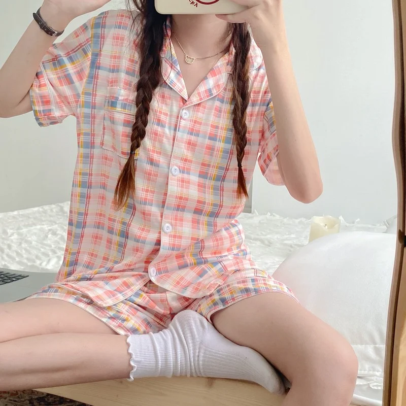 Women Pyjama Set Cotton Short-sleeve Summer Plaid Pajamas Women's Two Piece Sets Home Wear Suits Sleepwear