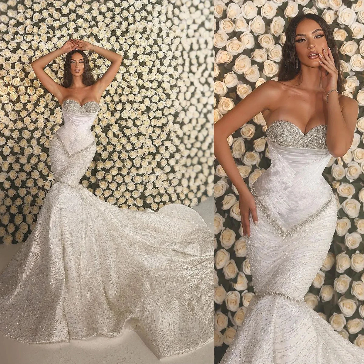 

Sexy Sweetheart Mermaid Wedding Dress Elegant Strapless Crystal Beading Lace Arabic Trumpet Bridal Gowns Robe De Soirée