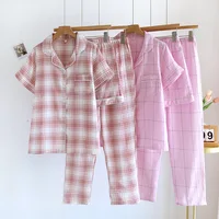 2026 New Summer Women's Pajama Set 100% Cotton Gauze Thin Short Sleeve+Shorts+Pants Simple Checkered Home Furnishing Set - Image 4