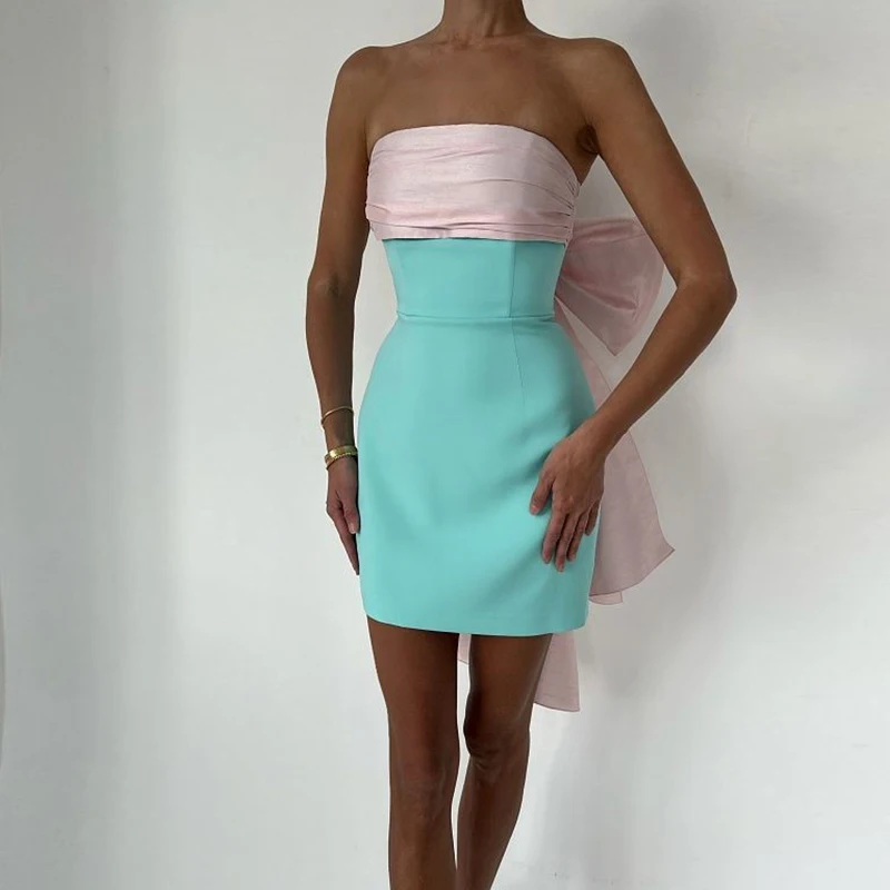 

Women Elegant Contrast Color Bowknot Party Dress Spring Strapless Hollow Slim Bodycon Dress 2024 Summer Backless Lady Mini Dress