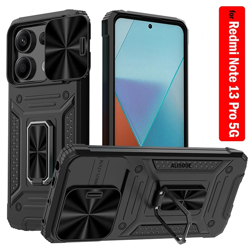 Slide Camera Armor Funda Per Redmi Note 13 Pro 5G Case Metal Ring Stand Cover Protettiva Per Redmi Note 13 Pro 5G Capa