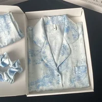 1Set New Ice Silk Women Pajama Lapel Button Cardigan Outfits for Women Fashion Printing Set Clothes for Women - Image 2