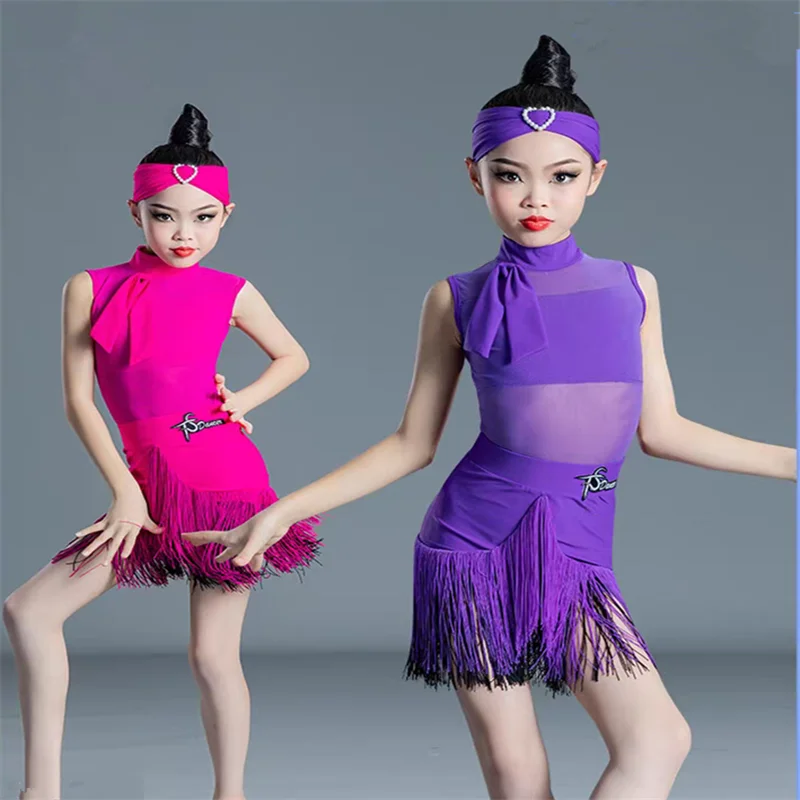 

Latin Dance Dress Girls Cha Cha Dance Costume Fringe Dress Rhodo/Purple Kids Latin Competition Dress Samba Practice Wear