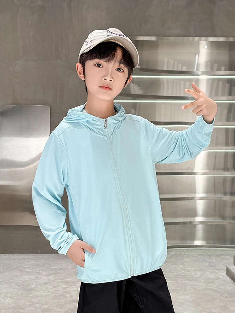 아동용 경량 통기성 자외선 차단 의류 아이스 실크 선스크린 아웃웨어 여름용 얇은 스탠다드 핏 후드 지퍼