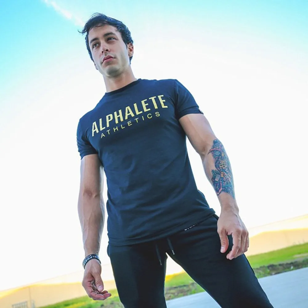 Cotton Running Sport T-shirt Men Gym Fitness Skinny Shirt Short Sleeve Print Tee Tops Male Summer Bodybuilding Training Clothing