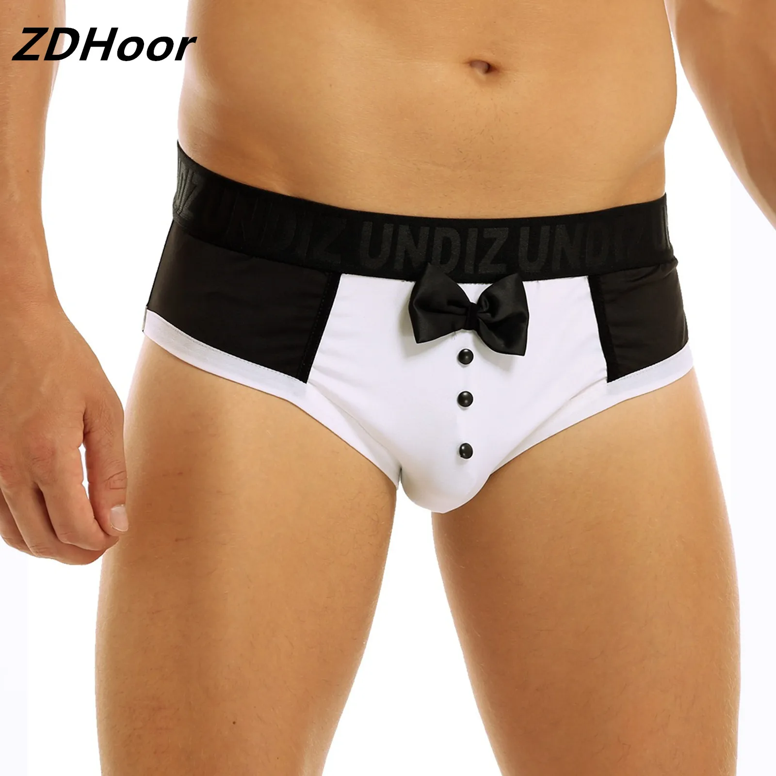 

Mens Soft Lingerie Color Splice Cute Bow Tie Tuxedo Briefs Underwear