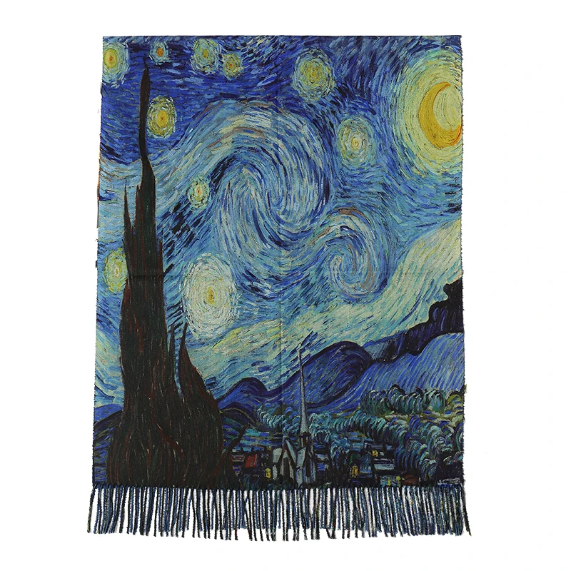 NEW Winter Scarf Women Cashmere Wrap Warm Pashmina Van Gogh Starry Night Foulard Female Scarves Thick Soft Blanket Tassels Shawl 2