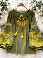 Retro Ethnic Heavy Embroidery Belted round Ne Lantern Sve irt Women Loose Casual Top Faionable Base irt - Image 3