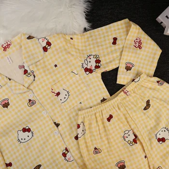 طقم بيجامة مطبوع من Hello Kitty للسيدات بأكمام طويلة ملابس نوم منقوشة ملابس منزلية لطيفة وناعمة ومريحة ملابس مريحة للخريف والشتاء 4