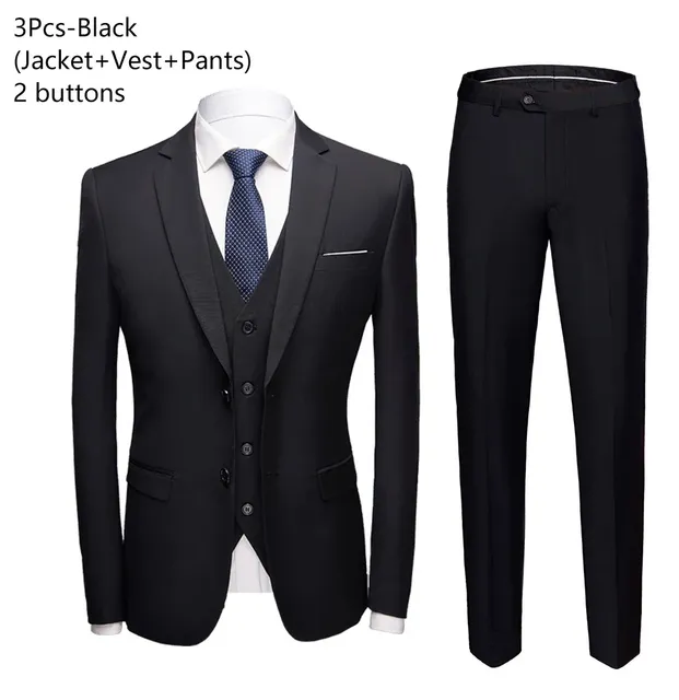 Wedding Suit For Men Set Elegant Blazers Formal 3 Pieces Full Jackets Vest Pants Classic Business Coats 2024 Free Shipping - Black 3pcs 2 button, S (40-45KG)