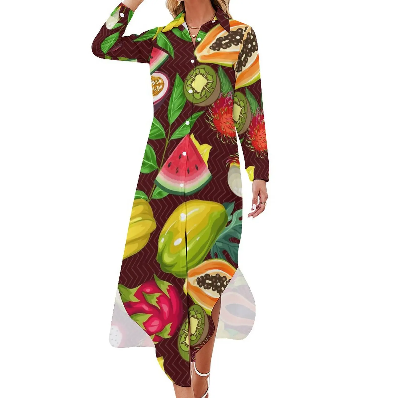 

Tropical Fruit Print Chiffon Dress Colorful Fruits Slices Vintage Dresses Female Long Sleeve V Neck Design Big Size Casual Dress