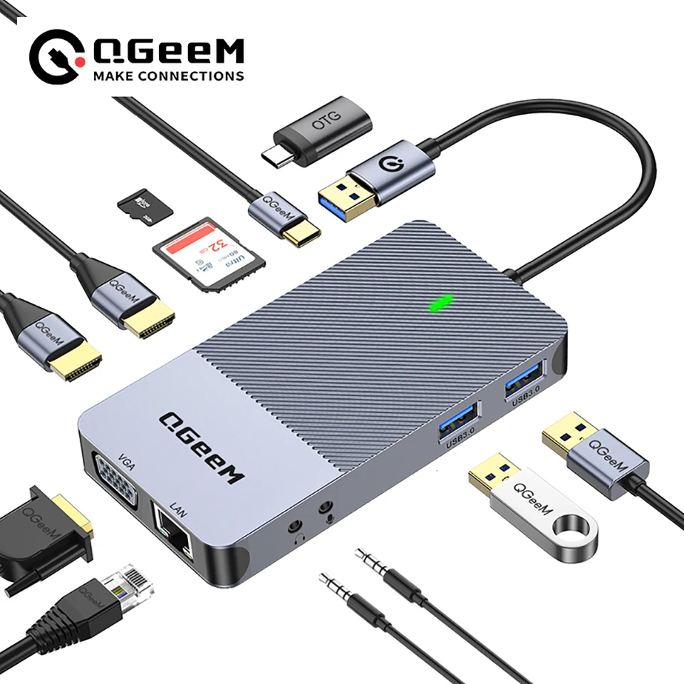 Qgeem Docking Station Usb Hub 3.0 Triple Display Dual Hdmi Vga Usb