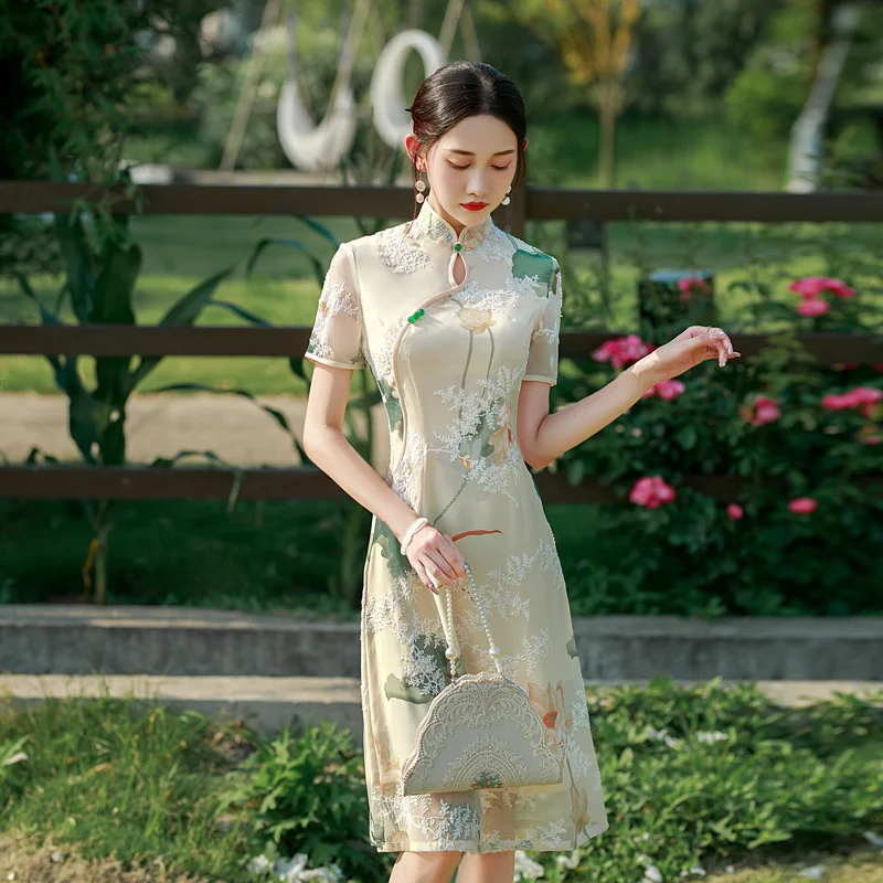 

sheng coco New Chiffon Traditional Chinese Dress For Women Cheongsam Summer Improved Young Girl Qipao Classic Oriental Dresses