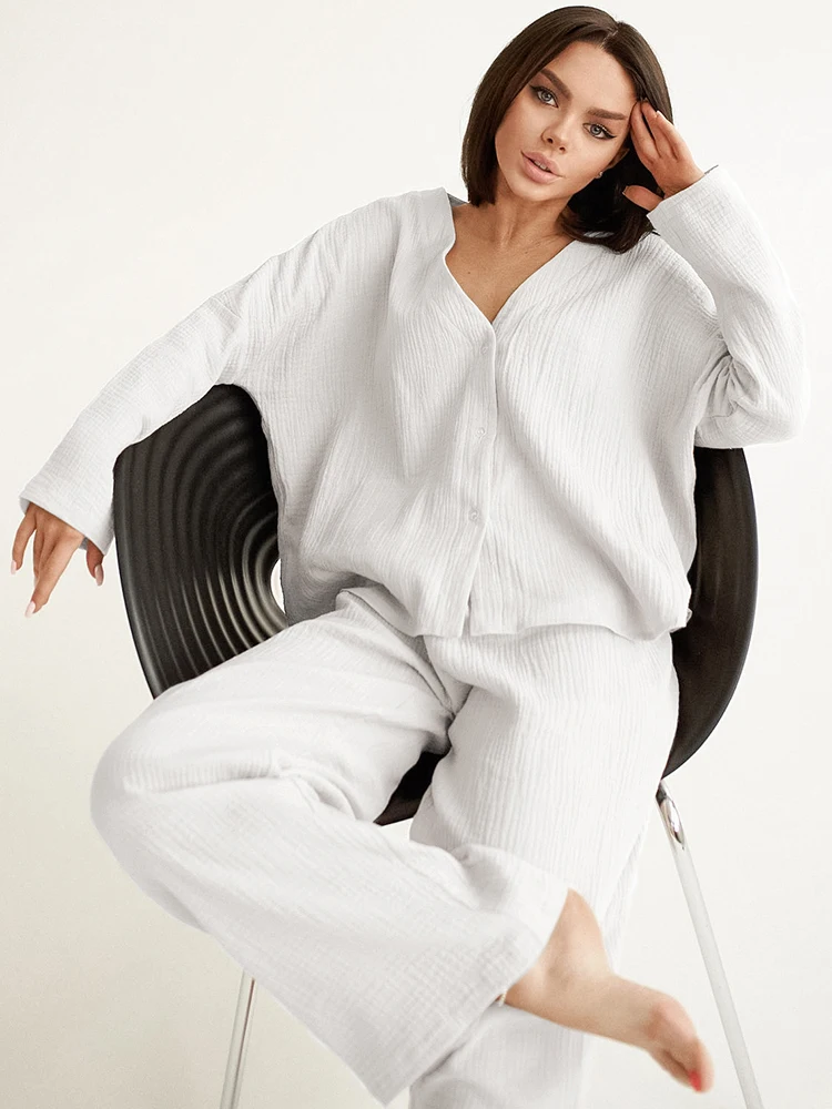 Linad Khaki Pure Cotton Sleepwear V Neck Single Breasted Wide Leg Pants Trouser Suits Drop Sleeves Set Woman 2 Pieces Loungewear