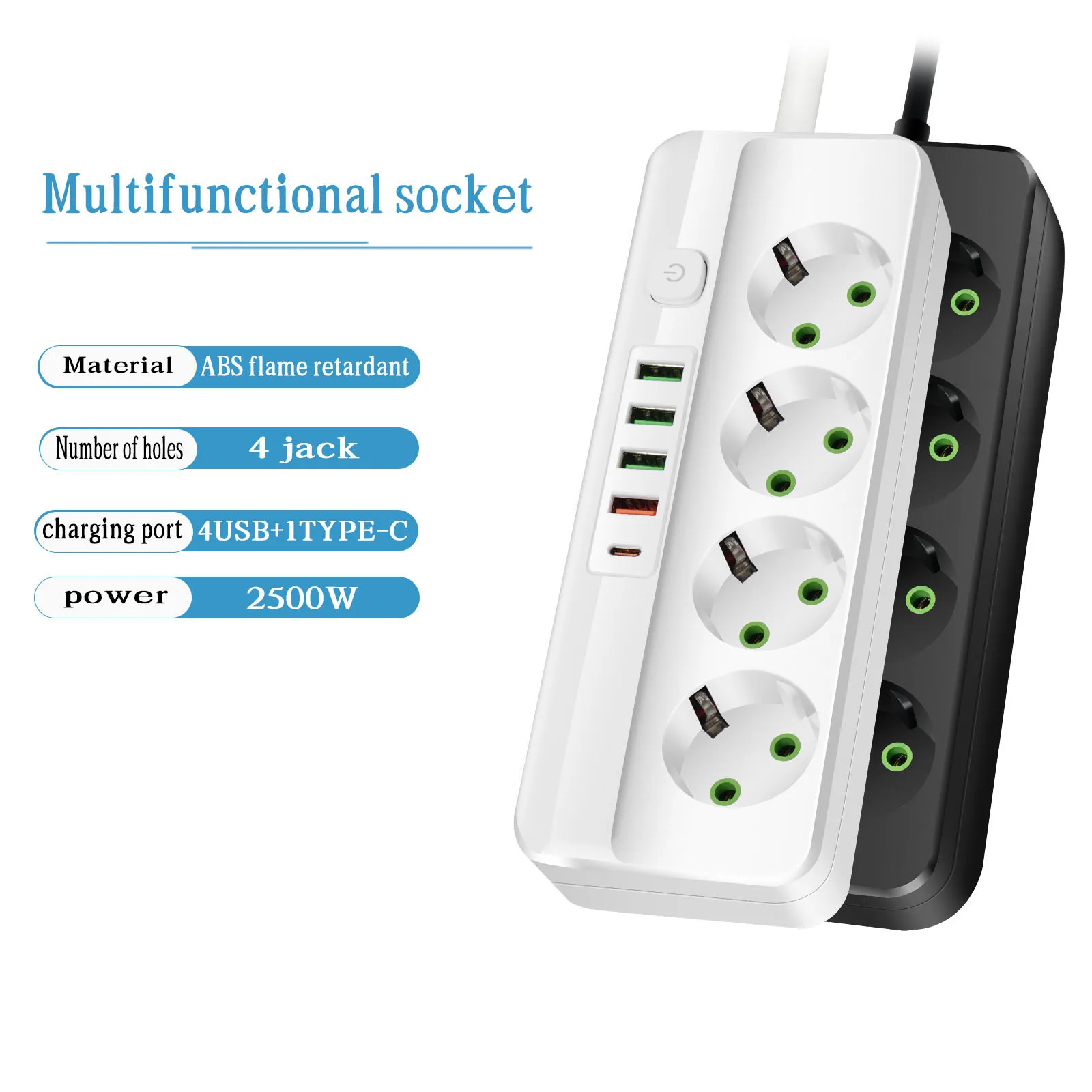 EU Plug Power Strip 3,4,5 or 6 Sockets 2500W Electrical Outlet with 4 USB 1 Type-C Ports 2m Extension Cord Adapter 2.1A Charging 1