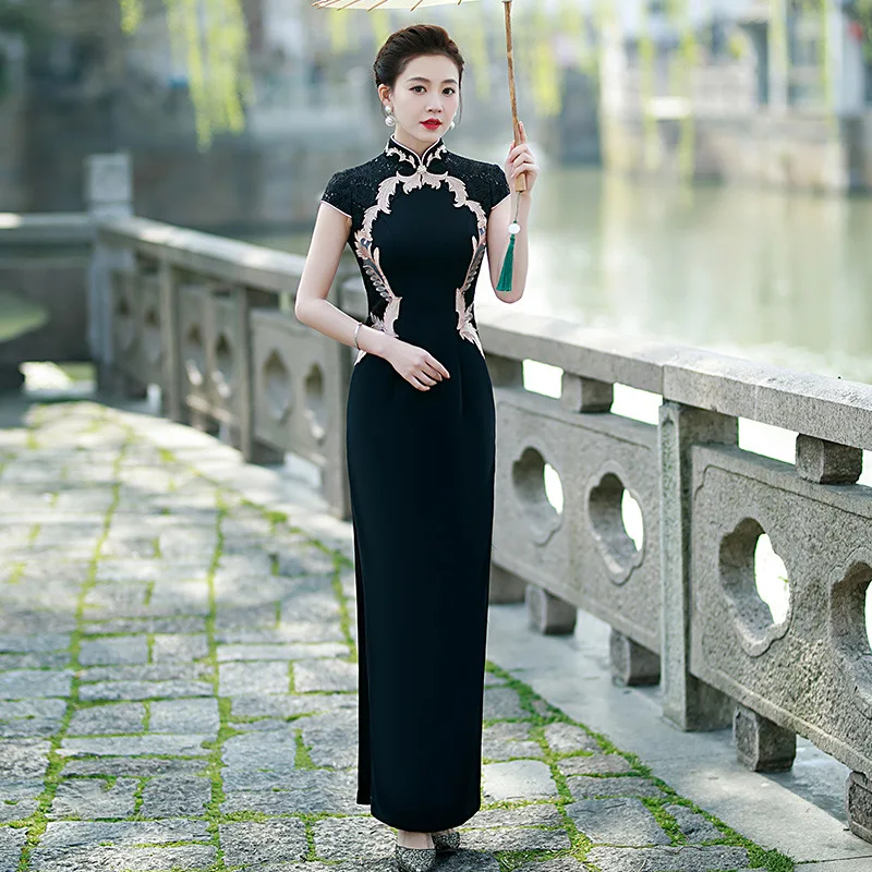 

Black Qipao Long Modern Chinese Elegant Wedding Dress China Women Cheongsam Oriental Style Dresses Evening Chipao Velvet Silk