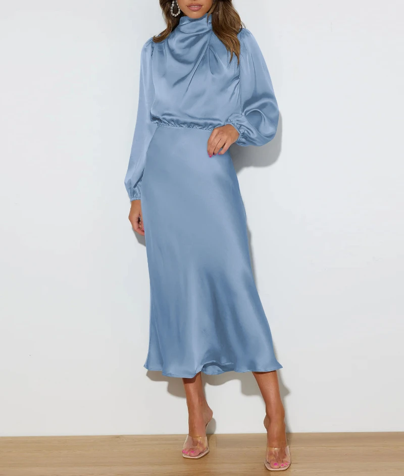 Kleider für Frauen Herbst neue Satin lang ärmel ige lose Kleid elegante Abendkleider hoch taillierte Party eine Linie Vestidos – Detail 10