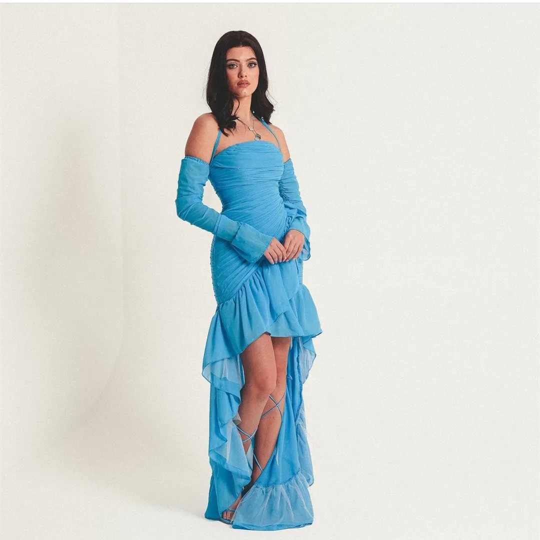 

Elegant Blue Cocktail Party Dresses with Long Sleeve Chiffon Hi-Lo Strapless Ruffled Prom Dress for Muslim robe de soiree femmes