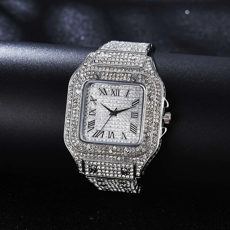 2pcs Set Luxury Diamond Men's Watches Business Stainless Steel Quartz Wristwatch Male Casual Silver Bracelet Wrist Watch