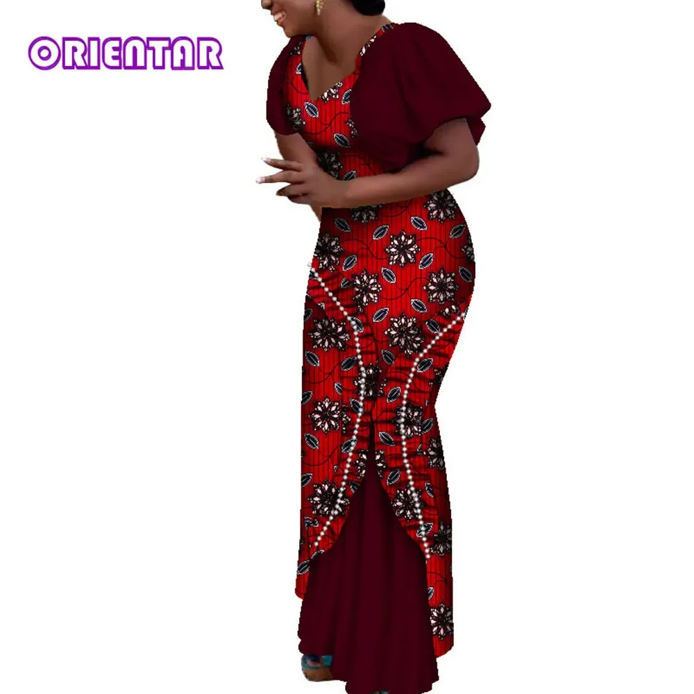 African Maxi Dress Women Fashion Puff Sleeve Long Dress African Wax Print Cotton Dress with Ruffles Pearls Evening Gowns WY9059