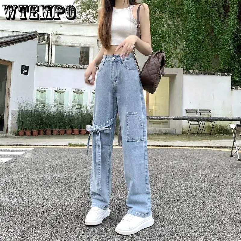 

WTEMPO Women's Bow Jeans Y2k Girl Denim Pants Straight Leg Washed Blue Long Trousers Loose Korea Style Maxi Jeans