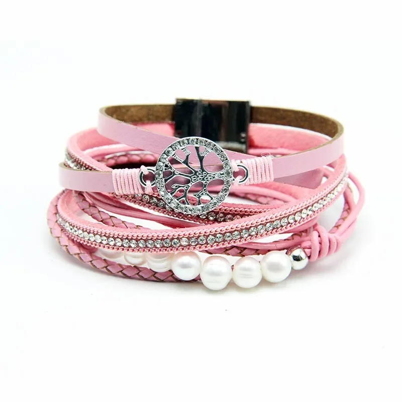 

Light luxury fashion tree of life imitation pearl leather rope charm bracelet for women, magnetic clasp bangle