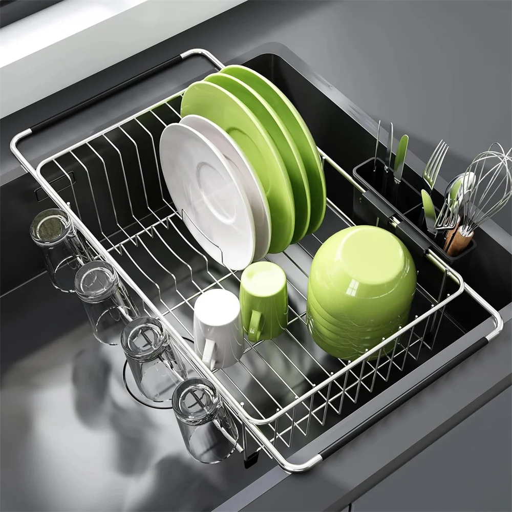 Expandable Stainless Steel Dish Drying Rack, Over Sink Dish Drainer with Utensil Holder for Kitchen Counter Organizer Silver