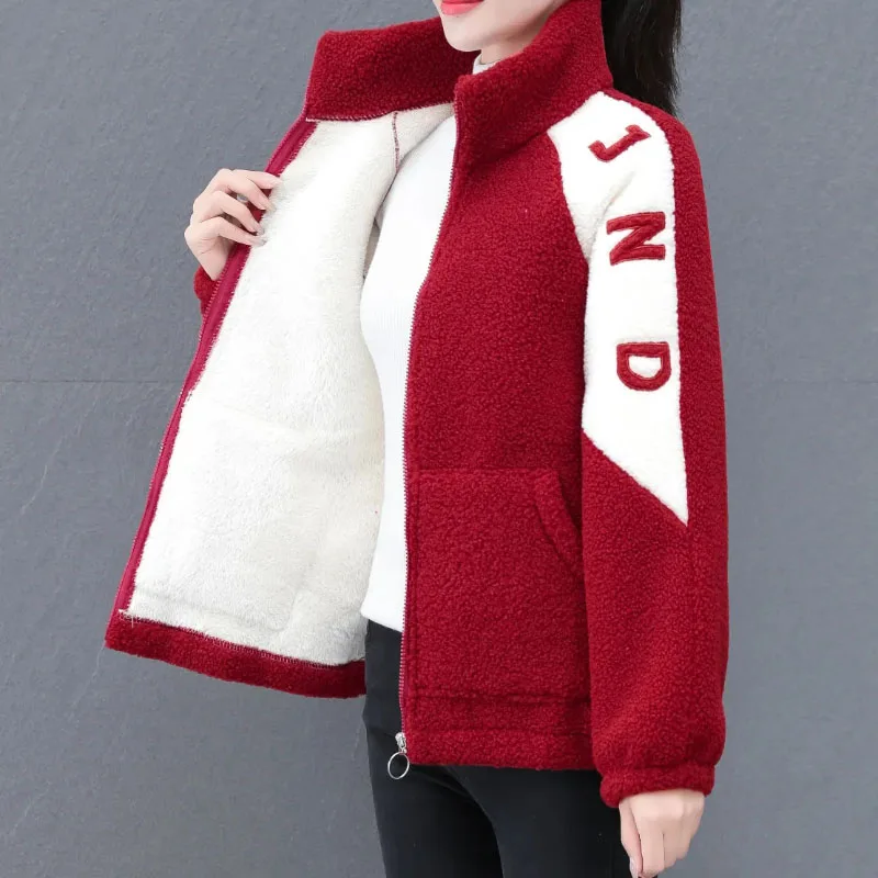

Imitation Lambswool Jacket Women Overcoat Fall Winter New Thicke Warm Parker Coat Stitching Granular Velvet Cotton-Padded Jacket