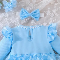 0-18M Baby Dress With Headband Long Sleeve Blue Flower Dress Infant Party Dresses Bow Floral Mesh for Newborn Birthday Party 5