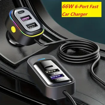 Caricabatteria per auto veloce da 81 W Espansione a 6 porte Ricarica anteriore e posteriore simultanea Tipo-C 2-USB Cavo di prolunga da 1,5 m Morsetto antiscivolo