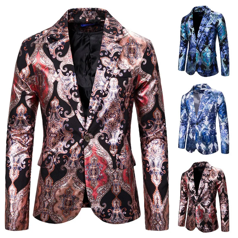 

2023 New men's casual slim fit suit, men's one button small suit, hot stamping printed suit jacket