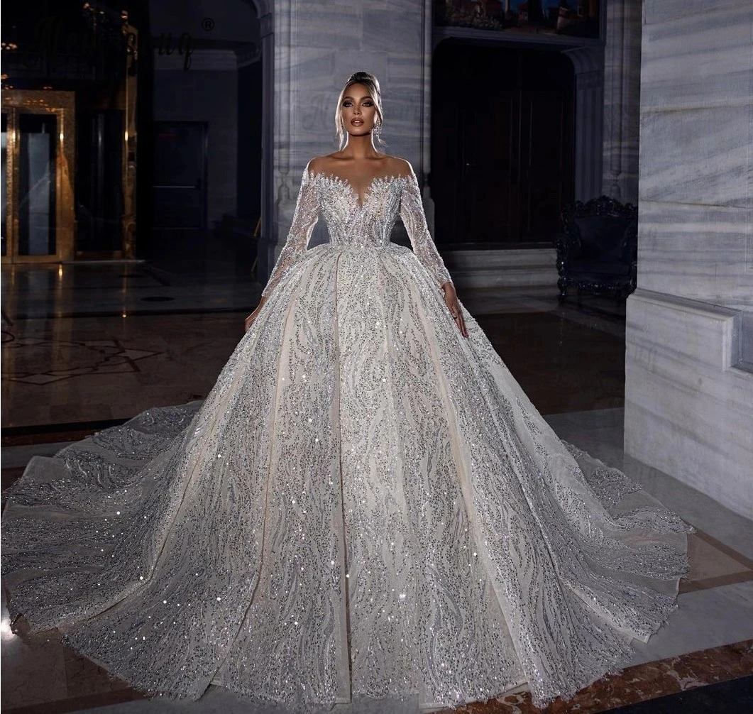 

Sparkly Princess Sequined Wedding Dresses Off Shoulder Long Sleeves Bridal Gowns Custom Made Vestidos De Novia